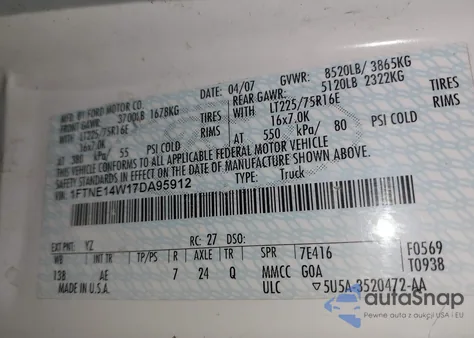 2007 Ford E-150 Commercial/Recreational from USA, damaged, VIN 1FTNE14W17DA95912